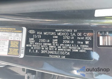 2020 Kia Forte Lxs from USA, damaged, VIN 3KPF24AD3LE193754